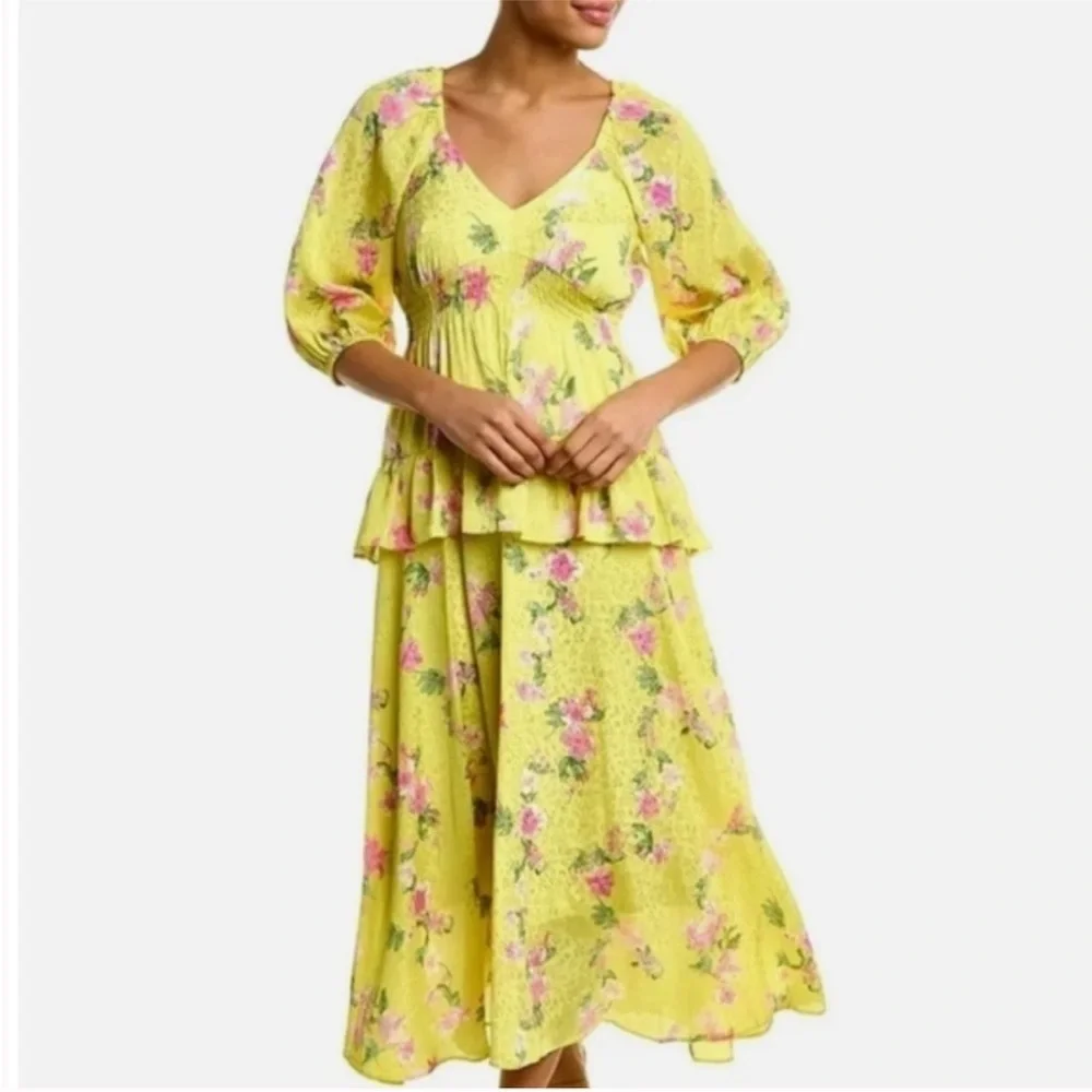 Taylor | Women’s Bright Yellow/Pink Floral 3/4 Puffer Sleeves Midi Dress Size 14